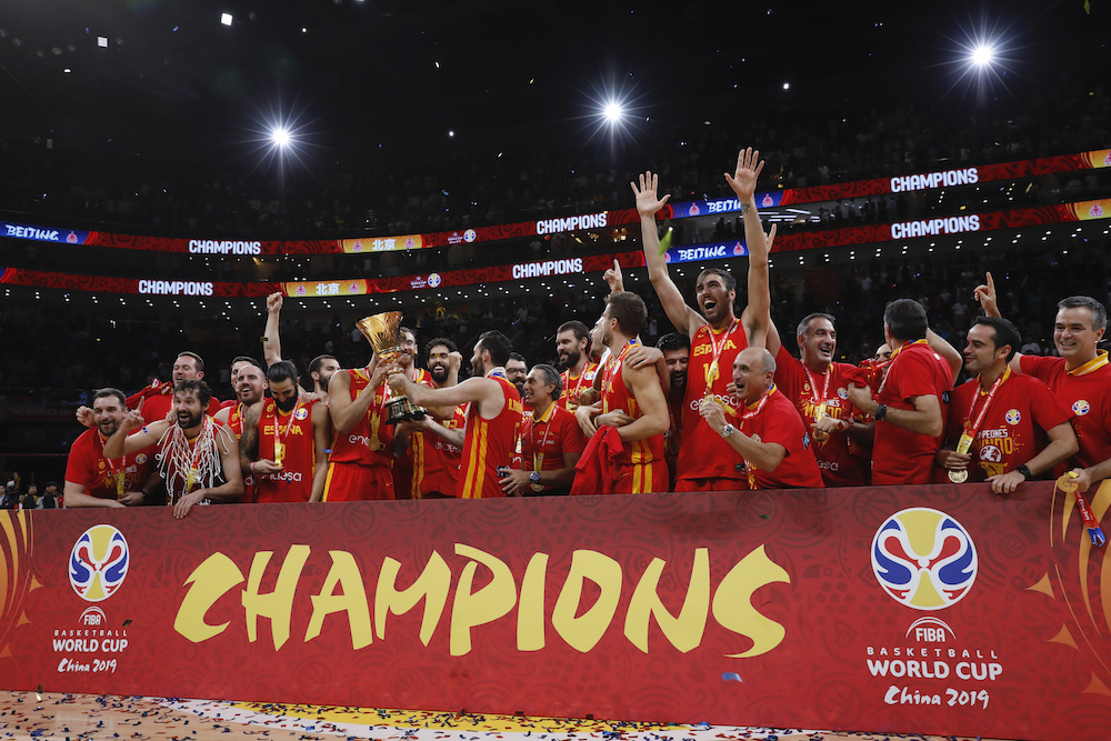 Spain's players celebrate with the trophy after winning the Fiba World Cup in Beijing September 15, 2019. u00e2u20acu201d Reuters pic