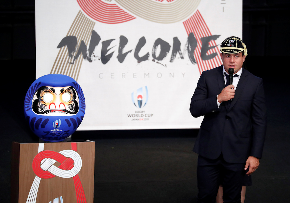 France's captain Guilhem Guirado speaks next to a traditional Daruma doll during the Team Welcome Ceremony ahead of the start of the Rugby World Cup in Fujikawaguchiko town, Yamanashi prefecture September 15, 2019. u00e2u20acu201d Reuters pic