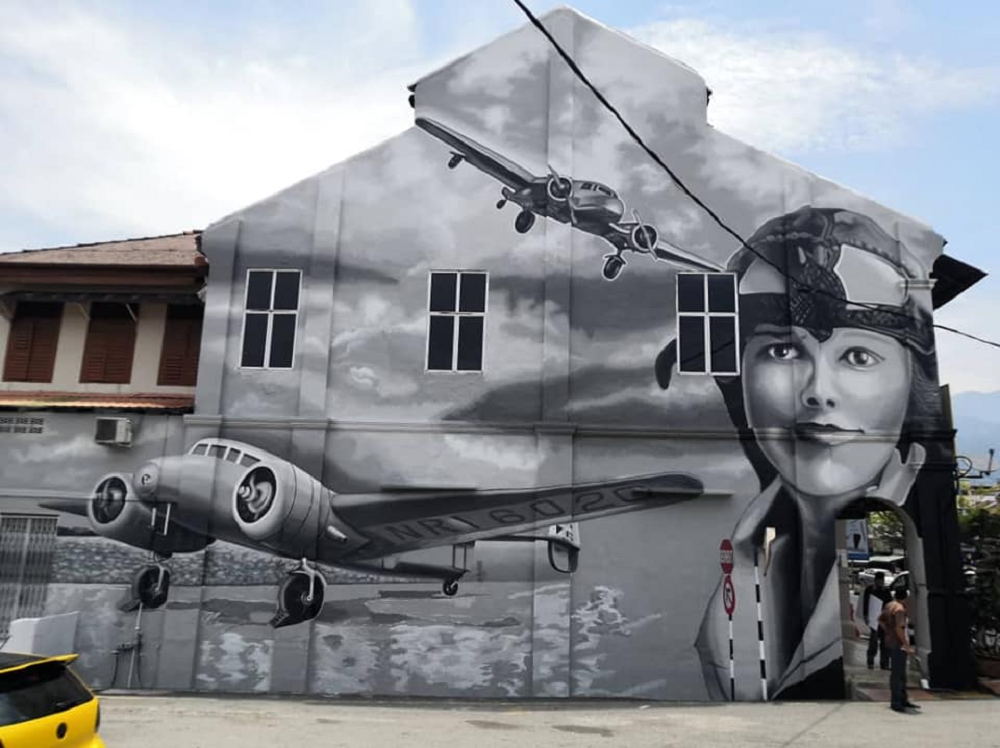 A mural depicting the first female aviator to fly solo across the Atlantic Ocean Amelia Mary Earhart has drawn backlash online. u00e2u20acu201d Picture via Facebook/ Majlis Perbandaran Taiping