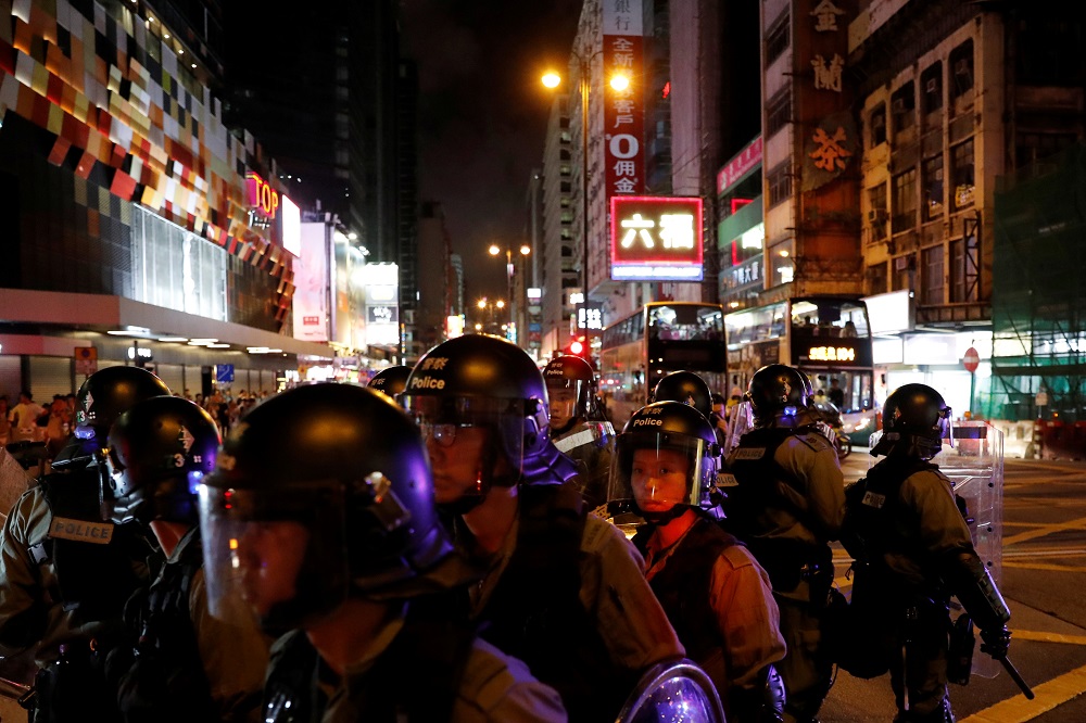 Riot police patrol streets near Mong Kok police station during an anti-extradition bill protest, in Hong Kong September 2, 2019. u00e2u20acu201d Reuters pic 