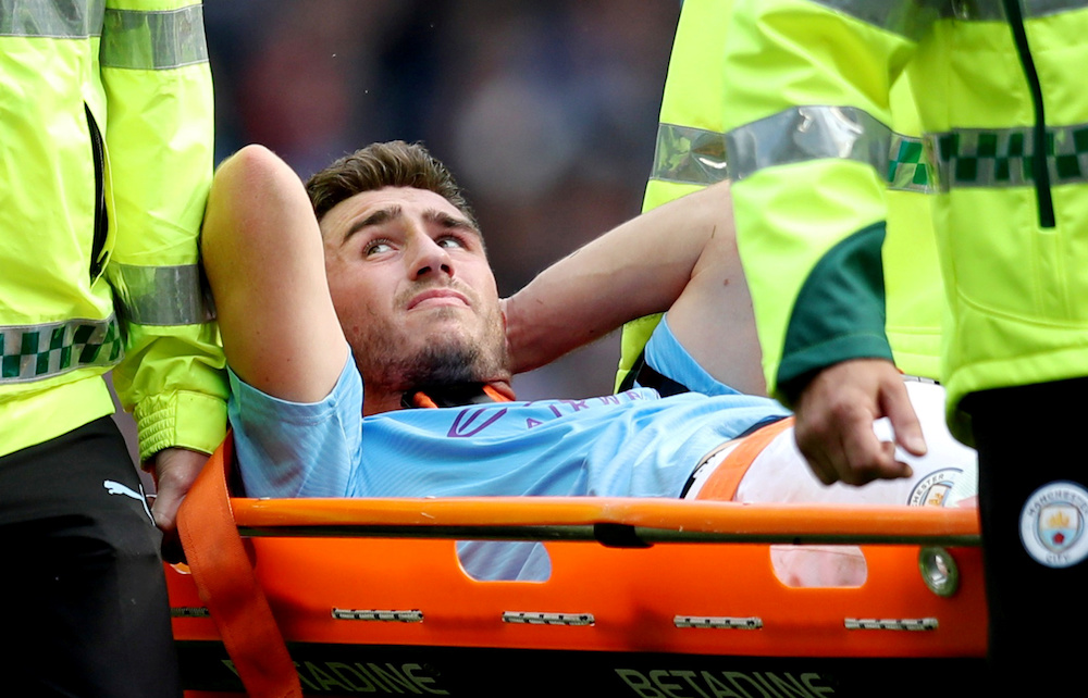 Manchester Cityu00e2u20acu2122s Aymeric Laporte is stretchered off after sustaining an injury during the Premier League with Brighton and Hove Albion at Etihad Stadium in Manchester August 31, 2019. u00e2u20acu201d Reuters pic
