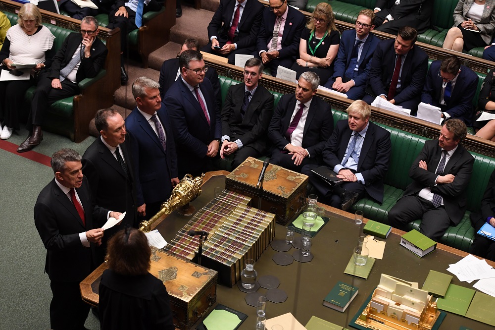 Britainu00e2u20acu2122s Prime Minister Boris Johnson sits as results of the vote are announced during debate in the House of Commons in London September 4, 2019. u00e2u20acu201d Picture by UK Parliament/Jessica Taylor/Handout via Reuters