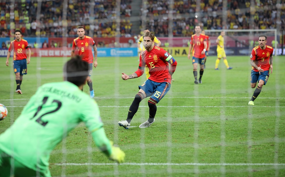 Spainu00e2u20acu2122s Sergio Ramos scores their first goal from the penalty spot at Arena Nationala in Bucharest, Romania September 5, 2019. u00e2u20acu201d Picture by Inquam Photos/George Calin via Reuters