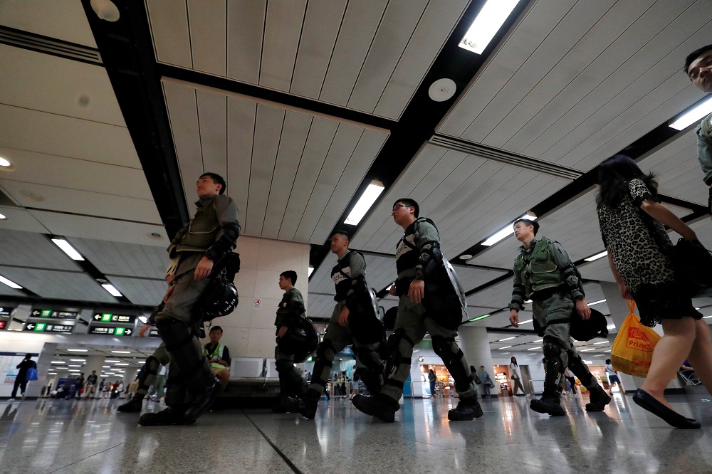 Police patrol at a MTR station as they keep a lookout for protesters in Hong Kong September 7, 2019. u00e2u20acu201d Reuters pic
