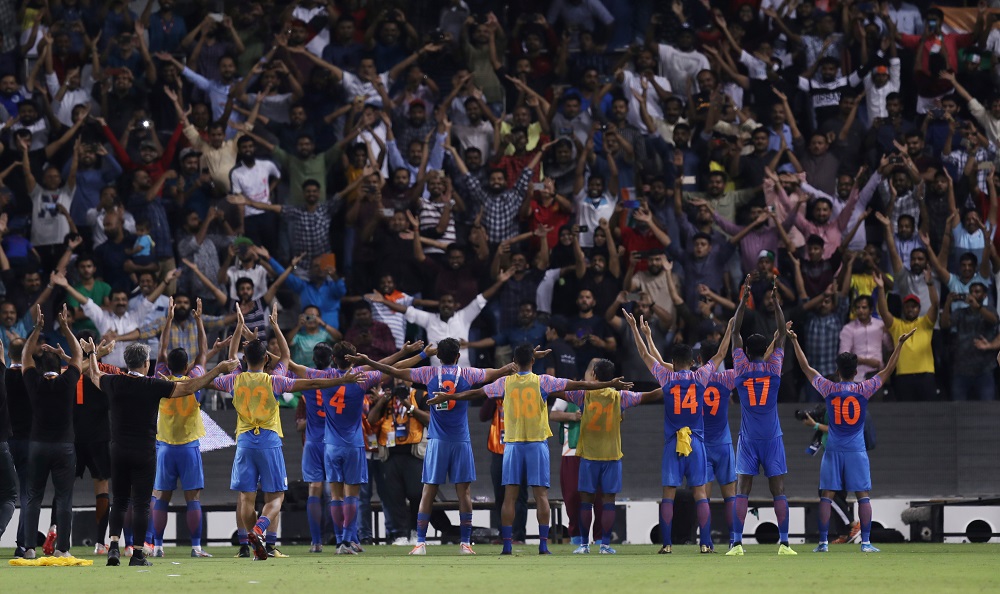 India celebrate with fans after the match against Qatar at the Jassim Bin Hamad Stadium in Doha September 10, 2019. u00e2u20acu201d Reuters pic