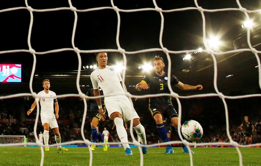 England's Jadon Sancho scores their fifth goal against Kosovo at St Maryu00e2u20acu2122s Stadium in Southampton September 10, 2019. u00e2u20acu201d Action Images via Reuters 