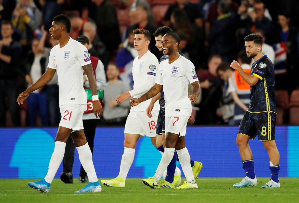 Englandu00e2u20acu2122s Raheem Sterling celebrates after the match against Kosovo at St Maryu00e2u20acu2122s stadium in Southampton September 10, 2019. u00e2u20acu201d Action Images via Reuters