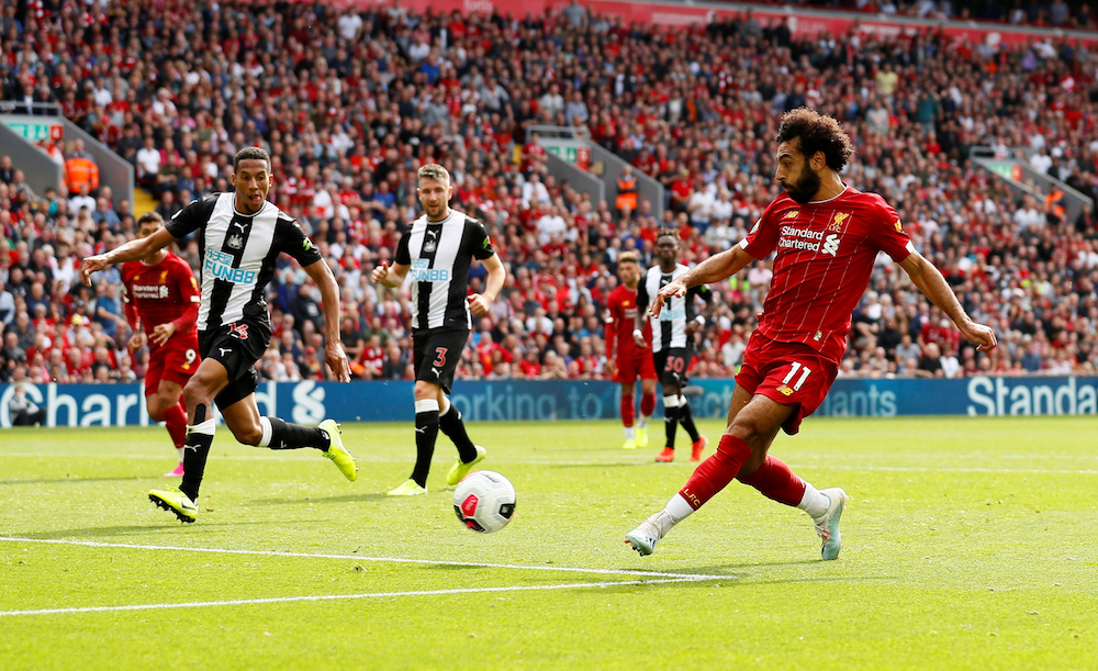 Liverpool’s Mohamed Salah scores their third goal during their Premier League match with Newcastle United at Anfield in Liverpool September 14, 2019. — Action Images pic via Reuters