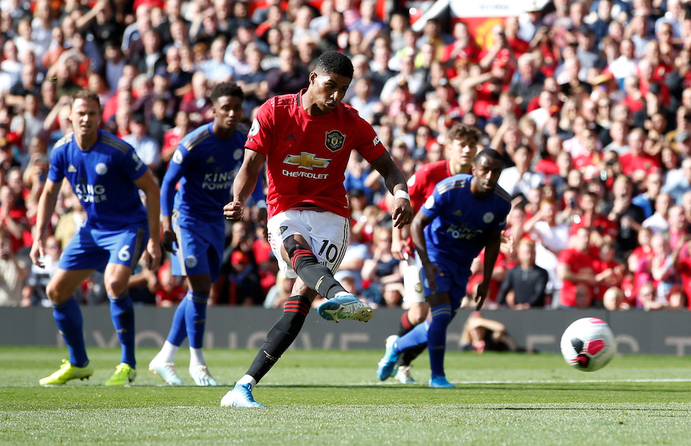 Manchester Unitedu00e2u20acu2122s Marcus Rashford scores their first goal from the penalty spot during their Premier League match with Leicester City at Old Trafford in Manchester September 14, 2019. u00e2u20acu201d Reuters pic