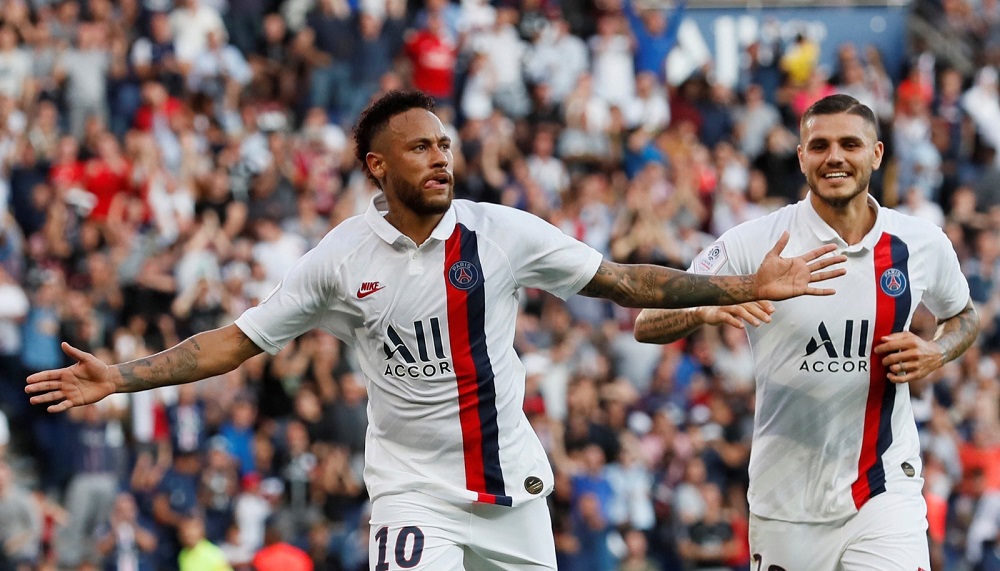 Paris St Germainu00e2u20acu2122s Neymar celebrates scoring their first goal with Mauro Icardi during the match against RC Strasbourg in Paris September 14, 2019. u00e2u20acu201d Reuters pic