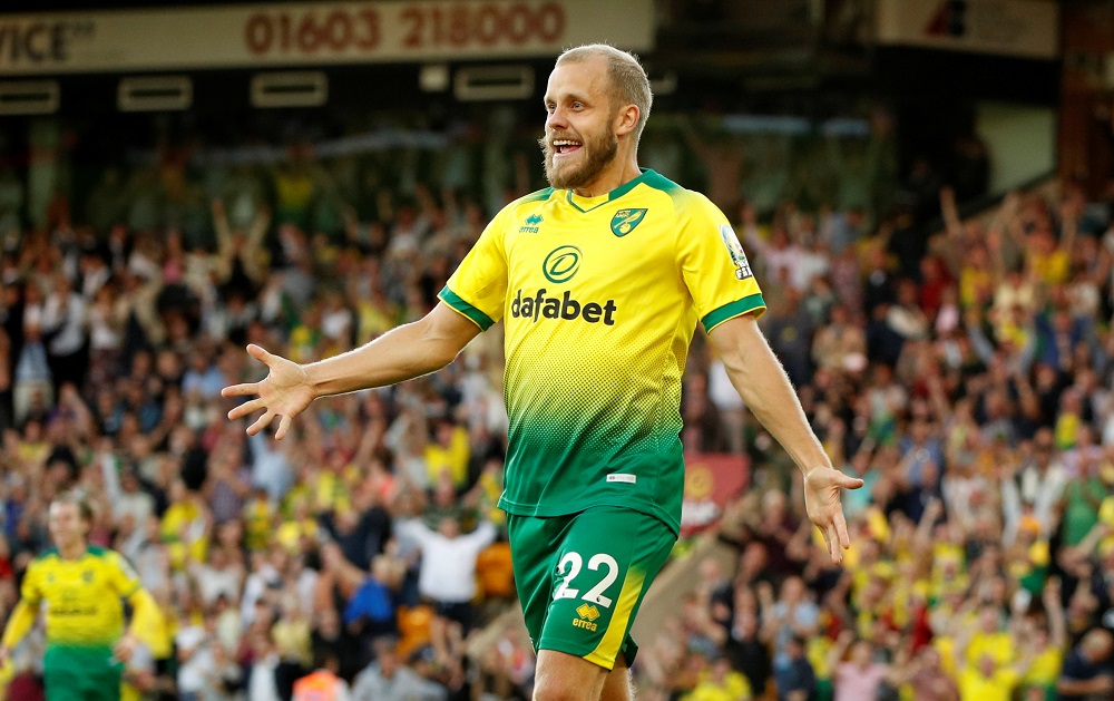 nNorwich City's Teemu Pukki celebrates scoring their third goal against Manchester City at Carrow Road in Norwich September 14, 2019. u00e2u20acu201d Action Images via Reutersn
