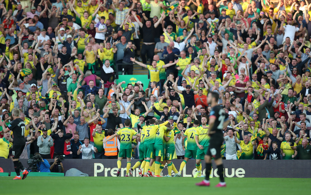Norwich Cityu00e2u20acu2122s Teemu Pukki celebrates with teammates after scoring their third goal during their Premier League match with Manchester City at Carrow Road in Norwich September 14, 2019. u00e2u20acu201d Reuters pic
