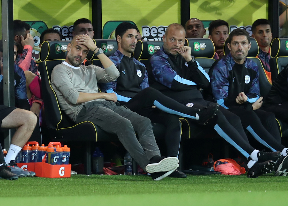 Manchester City manager Pep Guardiola looks dejected on the sideline during the Premier League match with Norwich City at Carrow Road in Norwich September 14, 2019. u00e2u20acu201d Reuters pic
