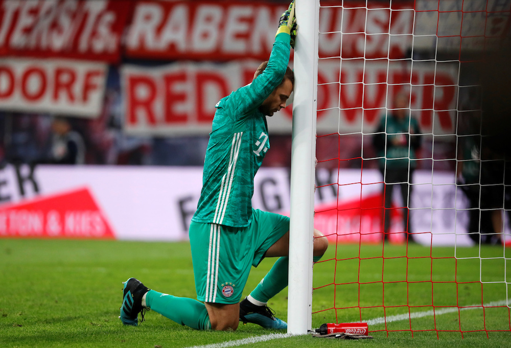Bayern Munichu00e2u20acu2122s Manuel Neuer reacts during their Bundesliga match with RB Leipzig at Red Bull Arena in Leipzig September 14, 2019. u00e2u20acu201d Reuters pic