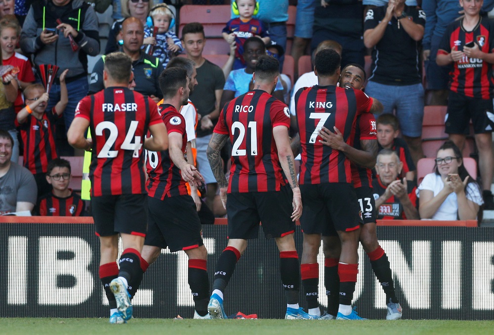 Bournemouth's Callum Wilson celebrates scoring their third goal against Everton with Joshua King and team mates at the Vitality Stadium in Bournemouth September 15, 2019. u00e2u20acu201d Action Images via Reuters