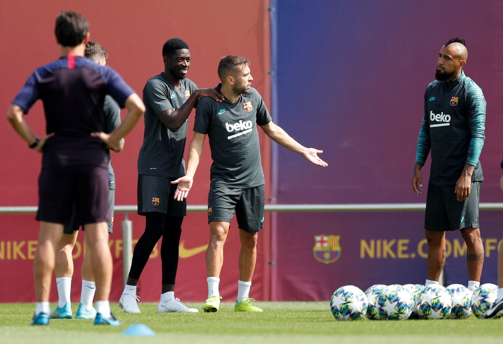 Barcelonau00e2u20acu2122s Ousmane Dembele, Jordi Alba and Arturo Vidal during training at the Ciutat Esportiva Joan Gamper in Barcelona September 16, 2019. u00e2u20acu201d Reuters pic
