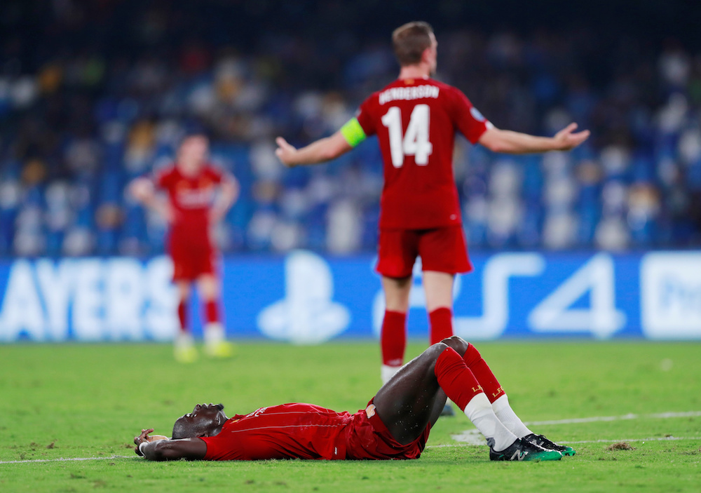 Liverpoolu00e2u20acu2122s Sadio Mane reacts during the Champions League Group E match with Napoli at Stadio San Paolo in Naples September 17, 2019. u00e2u20acu201d Action Images pic via Reuters