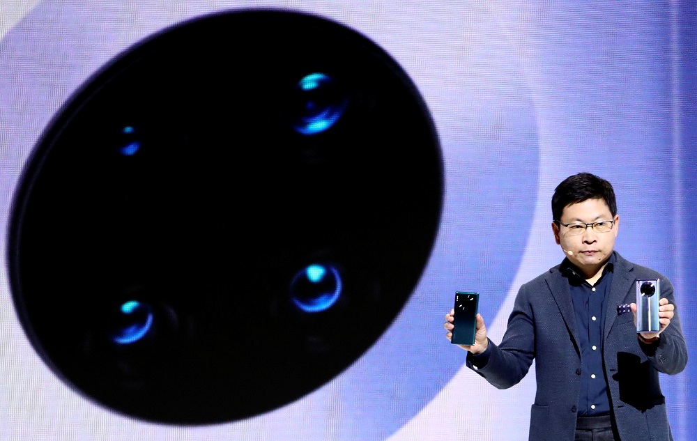 Richard Yu, CEO of Huawei's consumer business group, launches the Mate 30 smartphone range at the Convention Center in Munich September 19, 2019. — Reuters pic