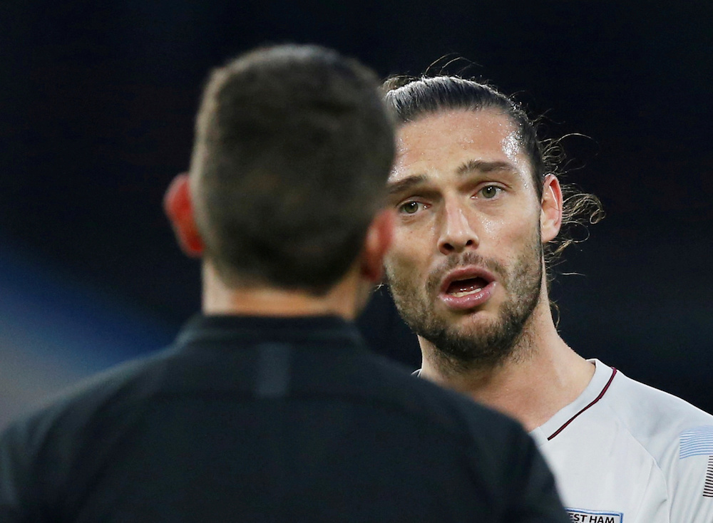 Referee David Coote speaks with West Hamu00e2u20acu2122s Andy Carroll during their Premier League with Burnley at Turf Moor in Burnley December 30, 2018. u00e2u20acu201d Reuters pic