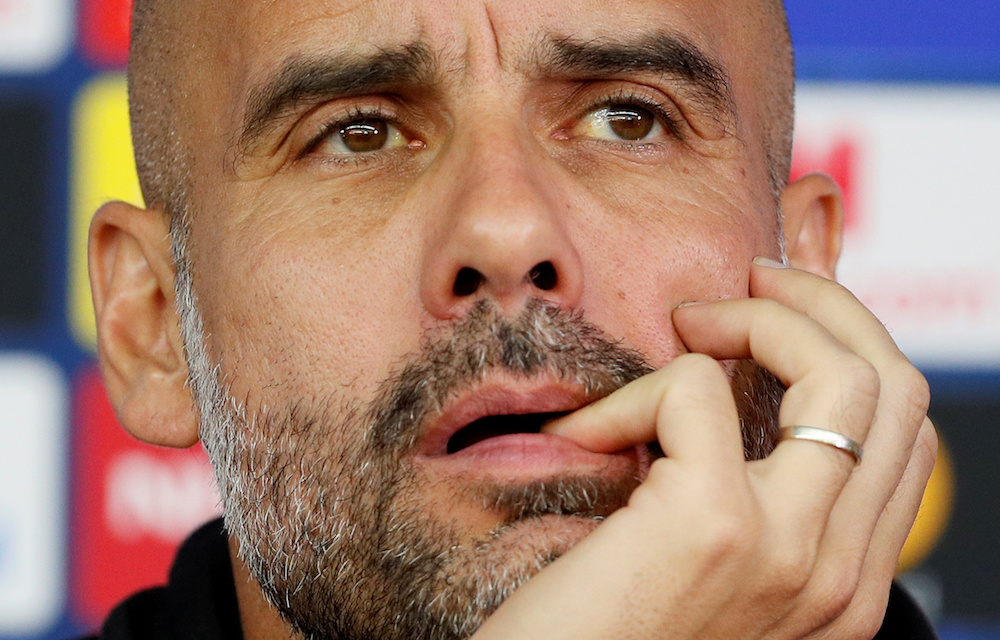 Manchester City manager Pep Guardiola reacts during a press conference at Metalist Stadium in Kharkiv, Ukraine September 17, 2019. u00e2u20acu201d Reuters pic