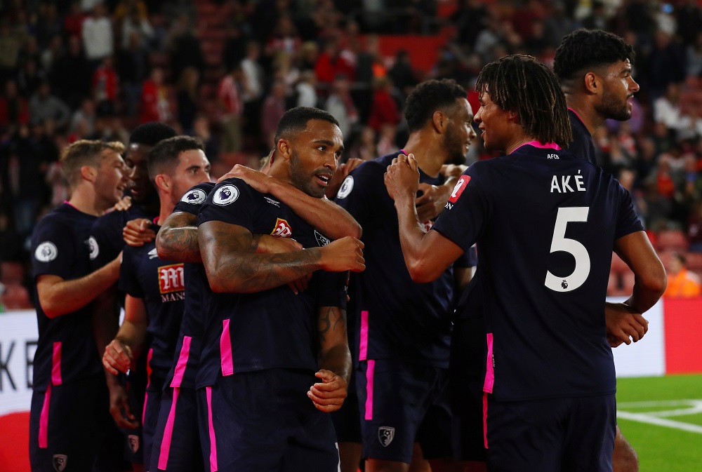 Bournemouthu00e2u20acu2122s Callum Wilson celebrates scoring their third goal against Southampton with team mates at the St Maryu00e2u20acu2122s Stadium in Southampton September 20, 2019. u00e2u20acu201d Reuters pic