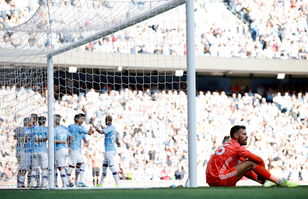 Watfordu00e2u20acu2122s Ben Foster looks dejected after Manchester Cityu00e2u20acu2122s seventh goal during their Premier League match at Etihad Stadium in Manchester September 21, 2019. u00e2u20acu201d Reuters pic