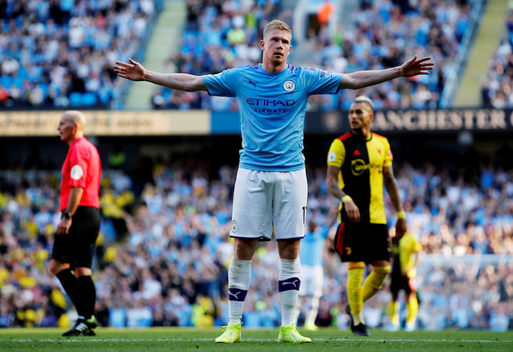 Manchester Cityu00e2u20acu2122s Kevin De Bruyne celebrates scoring their eighth goal during the Premier League match with Watford at Etihad Stadium in Manchester September 21, 2019. u00e2u20acu201c Reuters pic