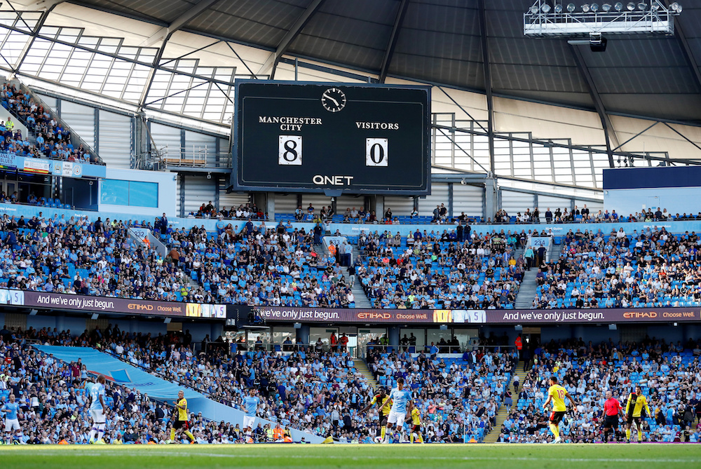 General view of the scoreboard during the Premier League match between Manchester City and Watford at Etihad Stadium in Manchester September 21, 2019. u00e2u20acu201d Action Images pic via Reuters