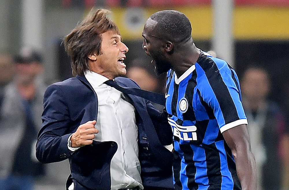 Inter Milanu00e2u20acu2122s Romelu Lukaku celebrates scoring their second goal with coach Antonio Conte during the Serie A match with AC Milan at San Siro in Milan September 21, 2019. u00e2u20acu201d Reuters pic