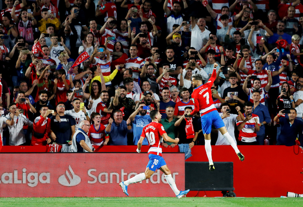 Granadau00e2u20acu2122s Alvaro Vadillo celebrates scoring their second goal during the La Liga match with Barcelona at Nuevo Estadio de Los Carmenes in Granada September 21, 2019. u00e2u20acu201d Reuters pic