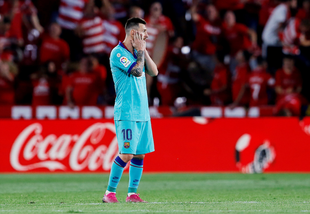 Barcelonau00e2u20acu2122s Lionel Messi reacts after Granadau00e2u20acu2122s second goal during their La Liga match at Nuevo Estadio de Los Carmenes in Granada September 21, 2019. u00e2u20acu201d Reuters pic