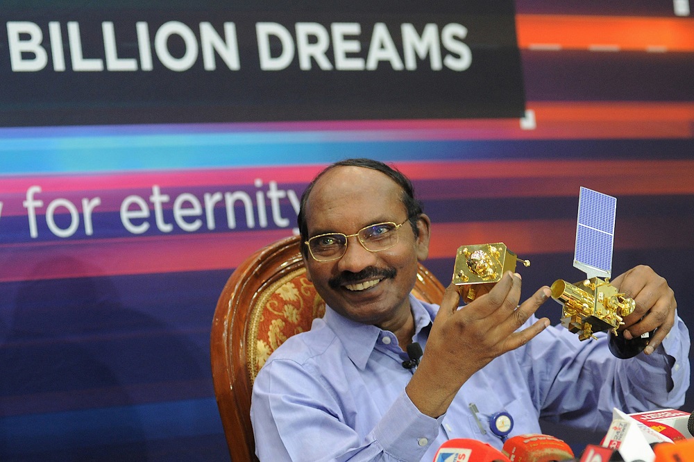 Chairman of the Indian Space Research Organisation Kailasavadivoo Sivan holding up a model of the Chandrayaan 2 spacecraft. u00e2u20acu201d AFP pic