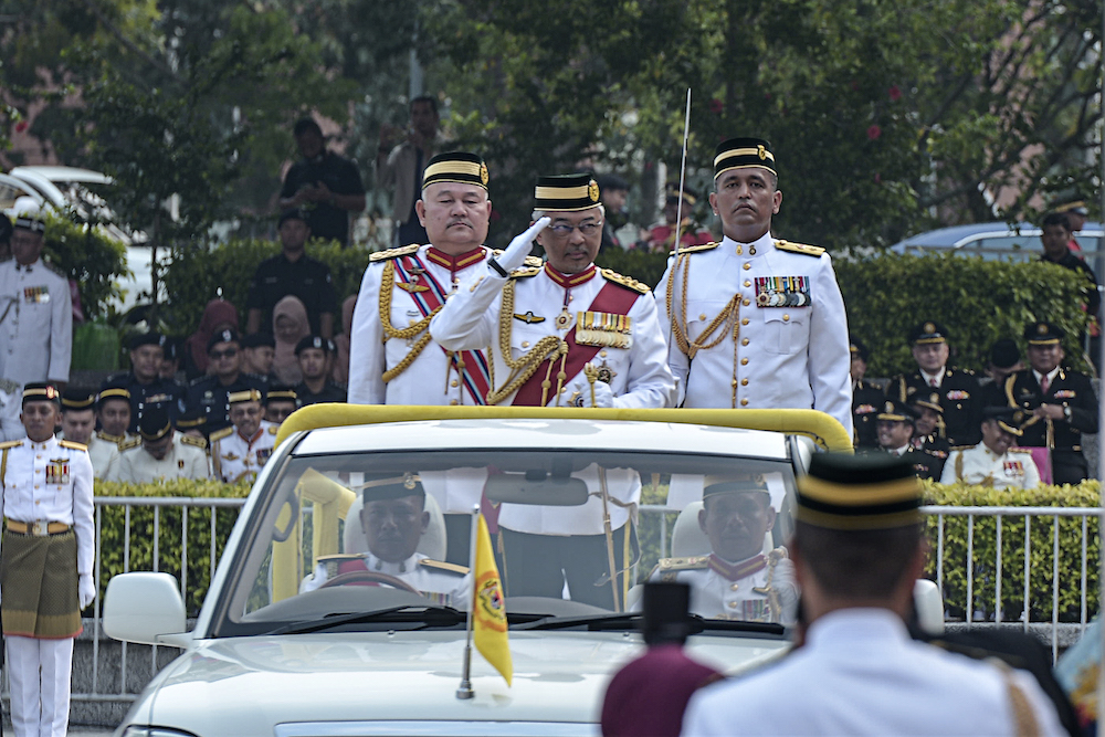 Yang di-Pertuan Agong Al-Sultan Abdullah Riu00e2u20acu2122ayatuddin Al-Mustafa Billah Shah graces the Trooping the Colour ceremony at Dataran Pahlawan Negara in Putrajaya September 12, 2019. u00e2u20acu201d Picture by Shafwan Zaidon