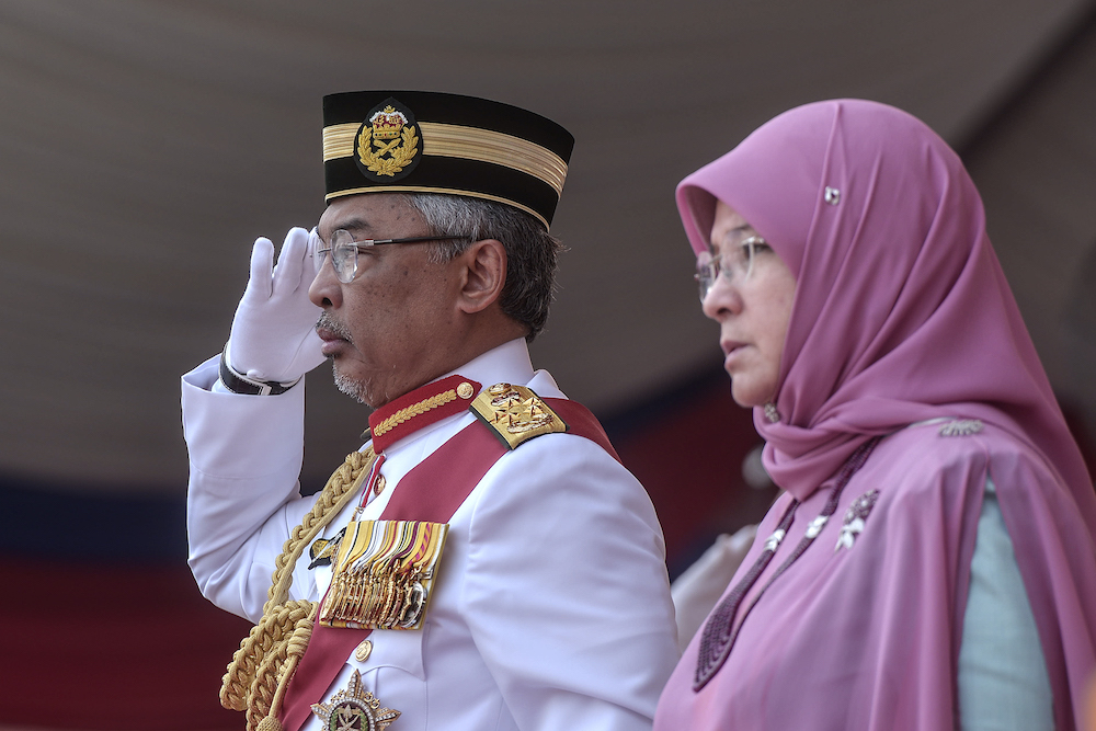 Yang di-Pertuan Agong Al-Sultan Abdullah Riu00e2u20acu2122ayatuddin Al-Mustafa Billah Shah and Raja Permaisuri Agong Tunku Hajah Azizah Aminah Maimunah Iskandariah grace the Trooping the Colour ceremony in Putrajaya September 12, 2019. u00e2u20acu201d Picture by Shafwan Zaido