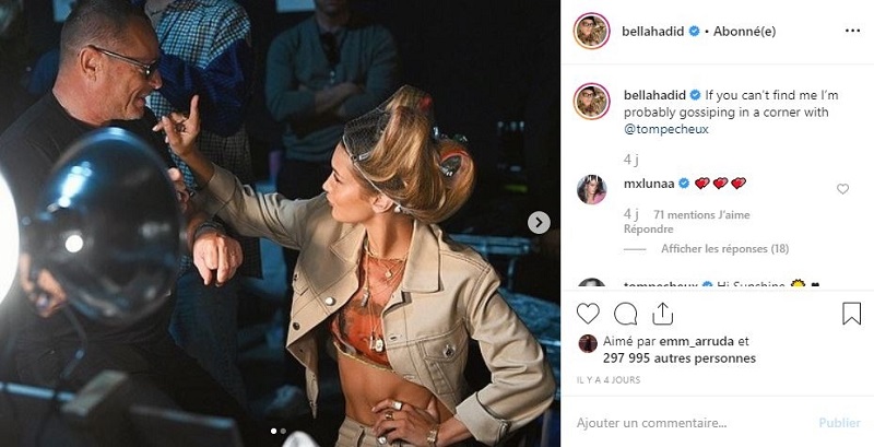 Bella Hadid and Tom Pecheux backstage at New York Fashion Week. u00e2u20acu201d Picture via Instagram/Bella Hadid 