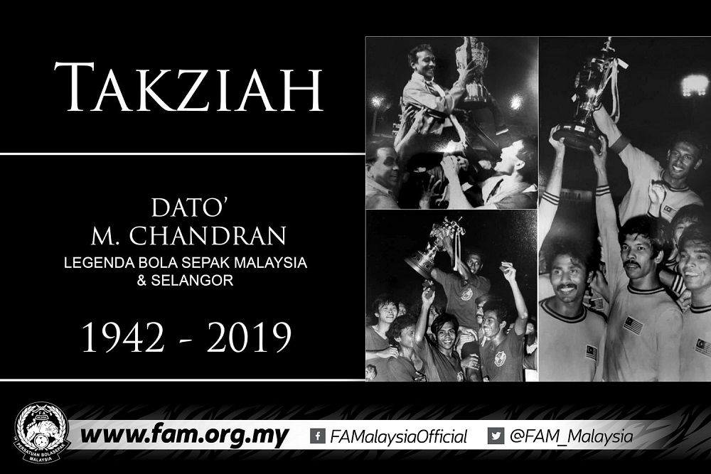 Football Association of Malaysia exco Christopher Raj Aralanthu announced via social media that Datuk M. Chandran, 77, died peacefully at his house in Ampang Jaya at 7.30am. u00e2u20acu201d Picture via Facebook/ Football Association of Malaysia