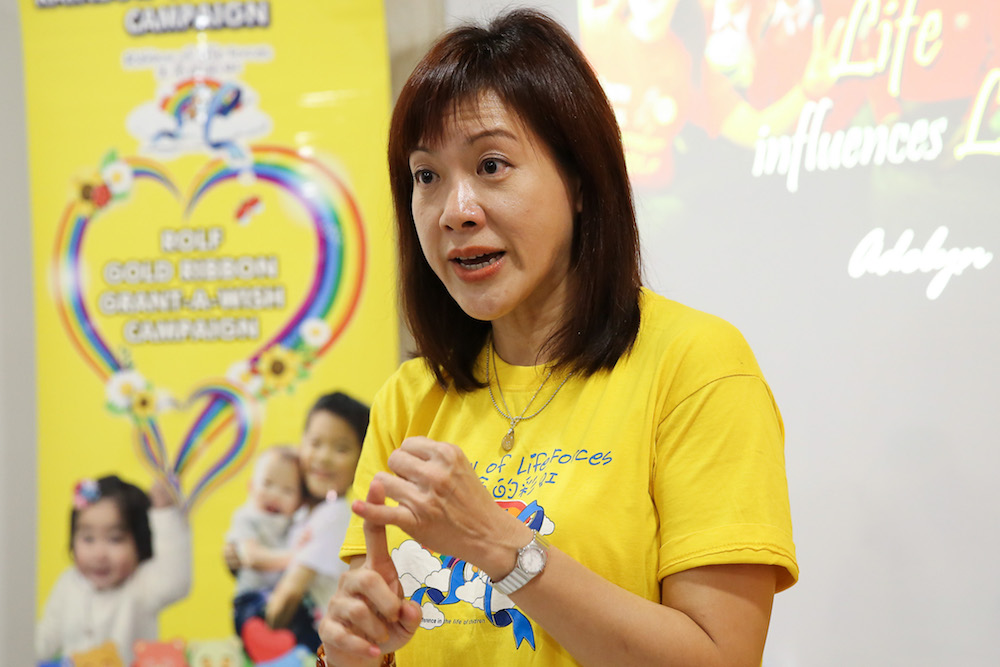 Rainbow of Life Forces (ROLF) founder Adelyn Lim speaks at The 13th Rainbow of Life Force (ROLF) Gold Ribbon Grant-A-Campaign 2019 in Shah Alam September 30, 2019. 