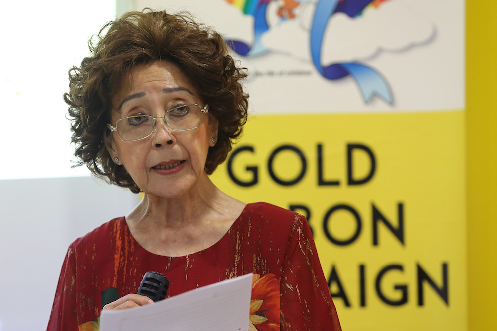 DEBRA Malaysia vice-chairman Khatijah Abdullah speaks at The 13th Rainbow of Life Force (ROLF) Gold Ribbon Grant-A-Campaign 2019 in Shah Alam September 30, 2019. 
