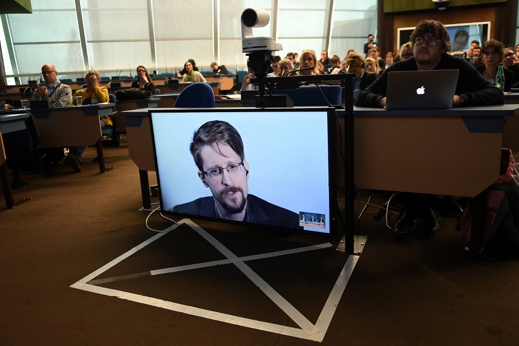 In this file photo taken on March 15, 2019 former US National Security Agency (NSA) contractor and whistle blower Edward Snowden speaks via video link from Russia at the Council of Europe in Strasbourg, eastern France. u00e2u20acu201d AFP picnn