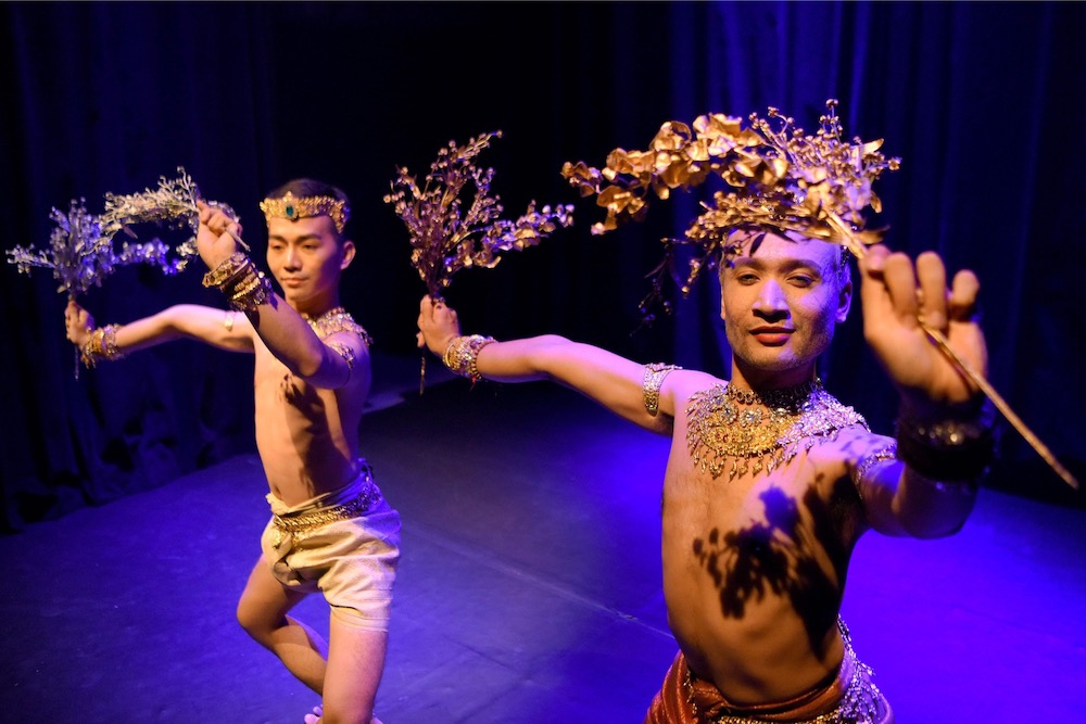 This photo taken on August 31, 2019 shows choreographer Prumsodun Ok (right) with a member from the Prumsodun Ok & Natyarasa dance company during an Apsara dance performance in Phnom Penh. — AFP pic