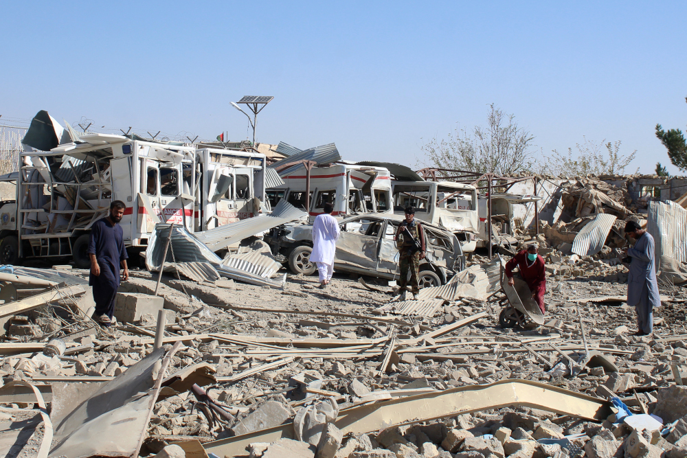 Afghan security forces investigate the site where a Taliban car bomb detonated near an intelligence services building in Qalat in Zabul province September 19, 2019. u00e2u20acu201d AFP pic 