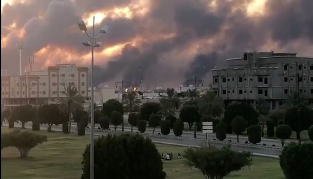 Smoke is seen following a fire at an Aramco factory in Abqaiq, Saudi Arabia, September 14, 2019 in this picture obtained from social media. u00e2u20acu201d Reuters pic