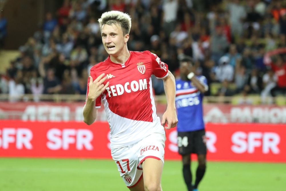 Monaco's Russian midfielder Aleksandr Golovin celebrates after scoring against OGC Nice in Monaco on September 24, 2019. u00e2u20acu201d AFP picnn
