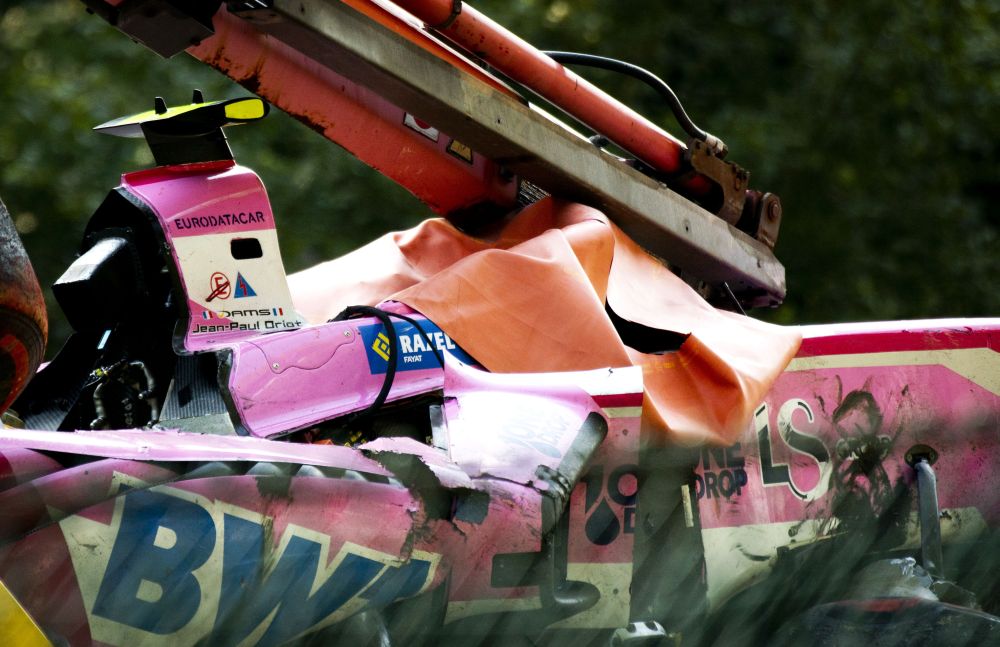 A picture taken on August 31, 2019 shows the damaged car of BWT Arden's French driver Anthoine Hubert following a serious accident involving several drivers during a Formula 2 race at the Spa-Francorchamps circuit in Spa, Belgium. u00e2u20acu201d AFP pic
