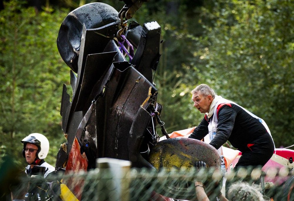 Track marshals lift the damaged car of BWT Ardenu00e2u20acu2122s French driver Anthoine Hubert onto a truck following a serious accident involving several drivers during a Formula 2 race at the Spa-Francorchamps circuit in Spa, Belgium, August 31, 2019. u00e2u20acu201d AFP pic