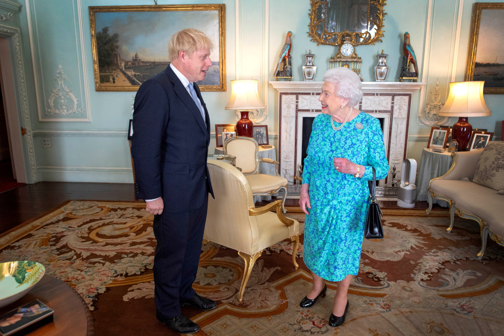 Queen Elizabeth II welcomes Boris Johnson during an audience in Buckingham Palace, where she will officially recognise him as the new prime minister, in London, Britain July 24, 2019. u00e2u20acu201d Victoria Jones/Pool pic via Reuters 