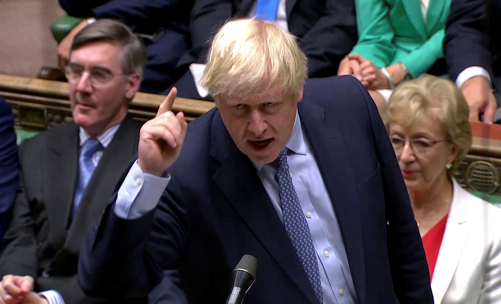Britainu00e2u20acu2122s Prime Minister Boris Johnson gestures as he speaks at the parliament in London, Britain, September 25, 2019, in this screen grab taken from video. u00e2u20acu201d Parliament TV via Reuters 