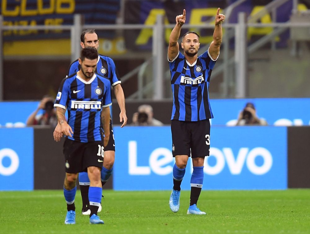 Inter Milan's Danilo D'Ambrosio (right) celebrates scoring a goal against Lazio. u00e2u20acu201d Reuters pic