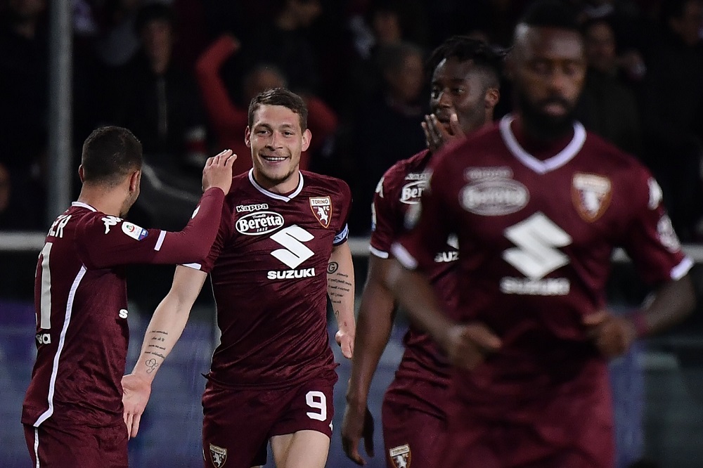 Torino's Italian forward Andrea Belotti celebrates with his teammates after scoring a goal during the match against AC Milan at the Grande Torino stadium in Turin April 28, 2019. u00e2u20acu201d AFP pic