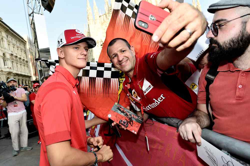 Racing driver Mick Schumacher poses for a selfie photo as he attends an event to celebrate 90 years of Italian premium sports car maker Ferrari racing team at Milan's Duomo square, in Milan September 4, 2019. u00e2u20acu2022 Reuters pic